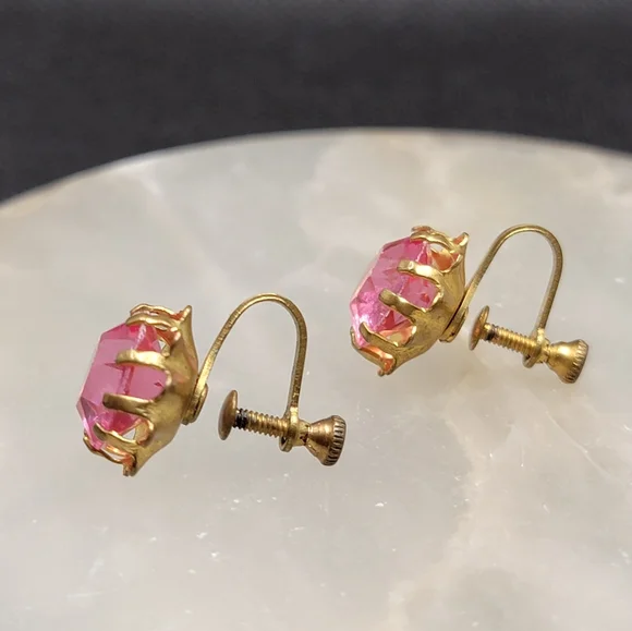Vintage Pink Rhinestone Screwback Earrings Gold Tone - Picture 6 of 14